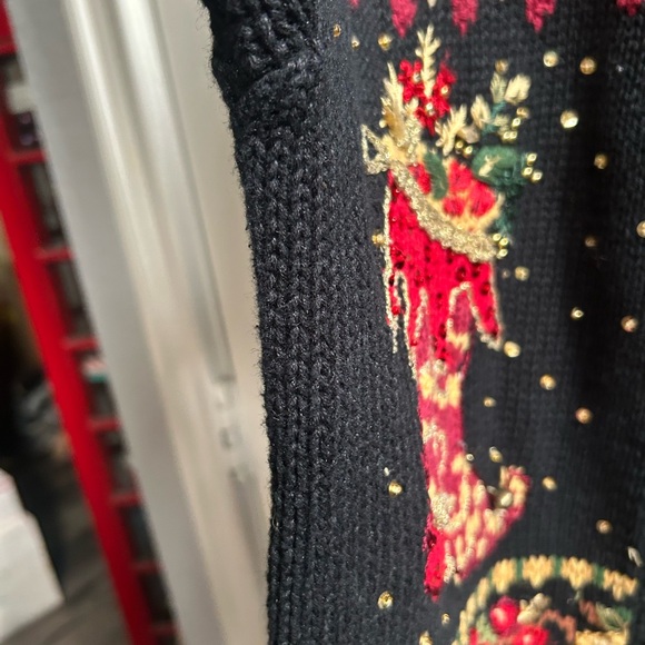 Vintage Tiara beaded Black and Gold Christmas Holiday Cardigan Sz L - Picture 7 of 16